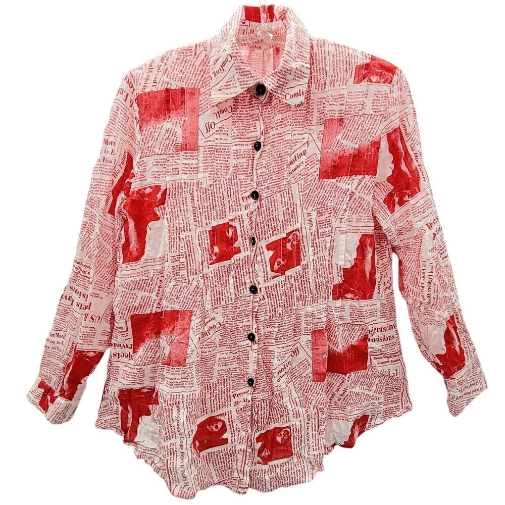 Red White Newsprint Blouse Vintage Editorial‎ Statement Shirt Bold Graphic